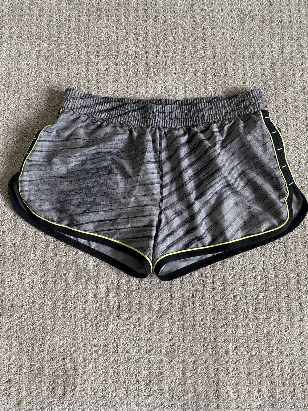 Under Armour Gray Striped Athletic Shorts with Neon Trim Women’s Size Medium